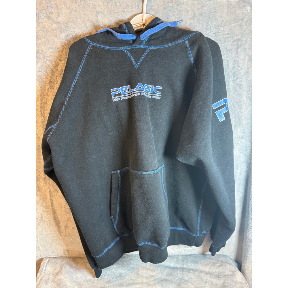 Pelagic Hoodie Mens XL Black Excellent Blue Contrast Stitching Fishing Pullover